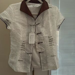 Brown and White Asian-Inspired Blouse